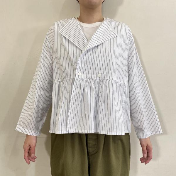 100/2ムジ&ストライプクロス　ウエストギャザーブラウス