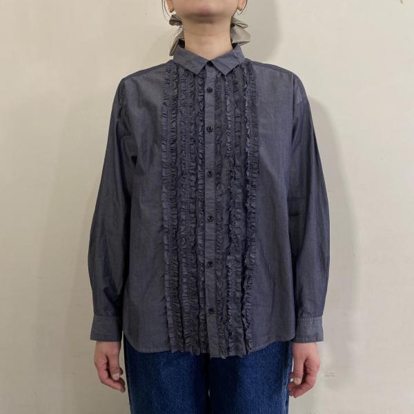 100/2ムジ&ストライプクロス　フロントフリルシャツ