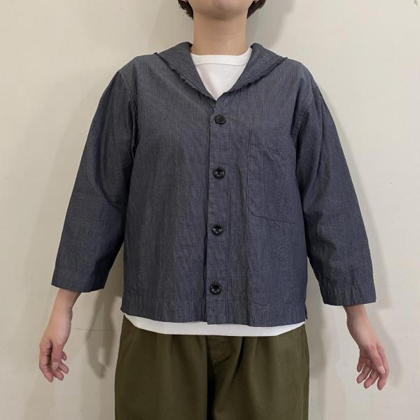 よこ糸グレーデニム&高密度ピケ　セーラーブラウス